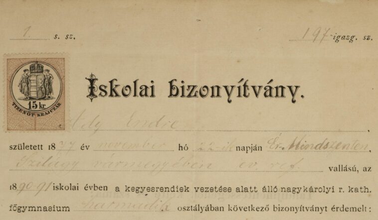 Előkerült Ady Endre gimnáziumi bizonyítványa